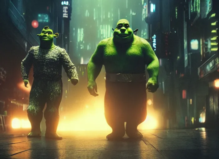 Image similar to film still shrek in blade runner, 8 k