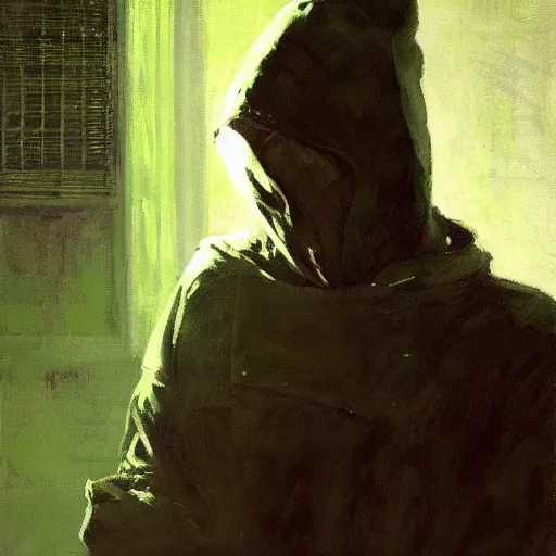 Image similar to portrait of a chad programmer with green hood by jeremy mann, dramatic lighting
