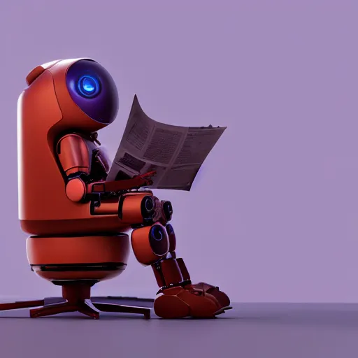 Image similar to futuristic lonely matte brown and red full-body humanoid robot with two huge round expressive sad purple glowing LED eyes and open rectangular mouth sitting on a large comfortable cushioned 1950s vintage recliner reading a newspaper. open newspaper. Cinematic Movie Photograph, Arri Alexa, Extremely Detailed, smooth, very very clean, 8K, octane render, maya render, unreal engine, trending on artstation, DSLR, excellent composition, center frame