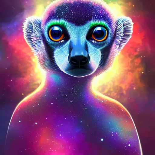 Image similar to Geometric symmetrical lemur with galaxy eyes in space, nebula in the background, intricate, elegant, highly detailed, digital painting, artstation, concept art, smooth, sharp focus, illustration, art by artgerm