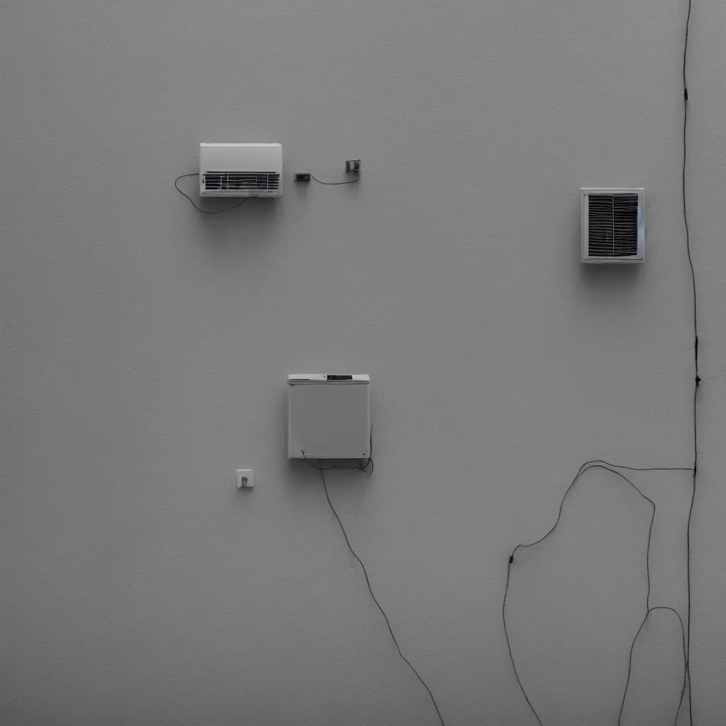 Prompt: close - up seen a profile wall with an air conditioner in the room and an air conditioner on the terrace with water spray faded on the wall connected by transparent cables, depth of field, sunny, ultra realistic, very detailed, 8 k hyper realistic detailed cinematic still by nadav kander