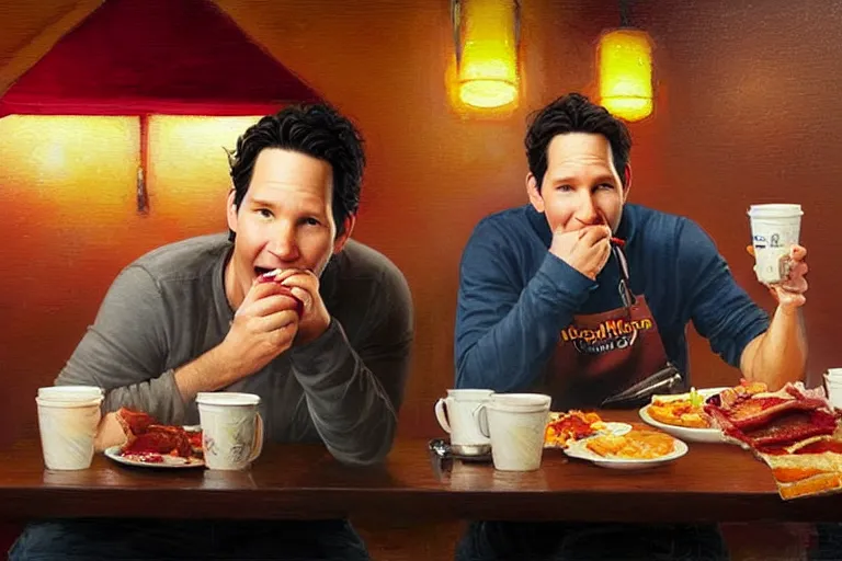 Image similar to paul rudd eating bacon at a dennys late night, an oil painting by ross tran and thomas kincade