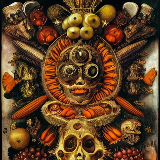 Image similar to album cover, religious reliquary, black, white, orange, psychedelic, giuseppe arcimboldo