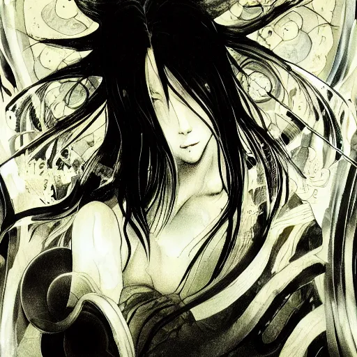 Image similar to Yoshitaka Amano blurred and dreamy illustration of an anime girl with black eyes, wavy white hair fluttering in the wind wearing Elden ring armour with cloack with folds, abstract black and white patterns on the background, reflection in a broken mirror, noisy film grain effect, highly detailed, Renaissance oil painting, weird portrait angle, blurred lost edges, three quarter view