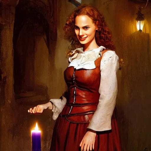 Prompt: young, curly haired, redhead Natalie Portman as a optimistic!, cheerful, giddy medieval innkeeper in a dark medieval inn. dark shadows, colorful, candle light, law contrasts, fantasy concept art by Jakub Rozalski, Jan Matejko, and J.Dickenson