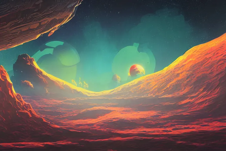 Prompt: space landscape, illustration painting, oil on canvas, intricate, portrait, detailed illustration, hd, digital art, overdetailed art, concept art, complementing colors, detailed, illustration painting by fort iron, digital art, overdetailed art, concept art, complementing colors rendered by beeple, syd meade,