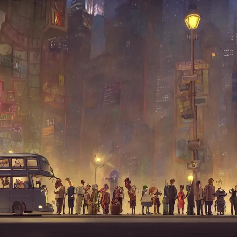 Image similar to few people waiting in a bus stop in dark city night, screenshot from Zootopia