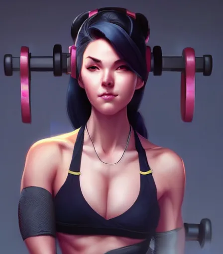 Prompt: beautiful portrait of a gorgeous personal trainer who looks like Widowmaker , character design by charlie bowater, ross tran, artgerm, and makoto shinkai, detailed, soft lighting, rendered in octane