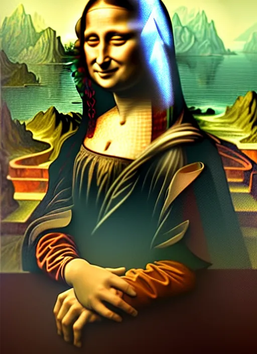 Image similar to Highly detailed portrait of Mona Lisa, Stephen Bliss, unreal engine, fantasy art by Greg Rutkowski, Loish, Rhads, ferdinand knab, Makoto Shinkai and Lois van baarle, ilya kuvshinov, rossdraws, Tom Bagshaw, alphonse mucha, global illumination, radiant light, detailed and intricate environment