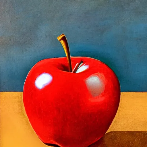 Prompt: a red apple on a blue table, droste effect