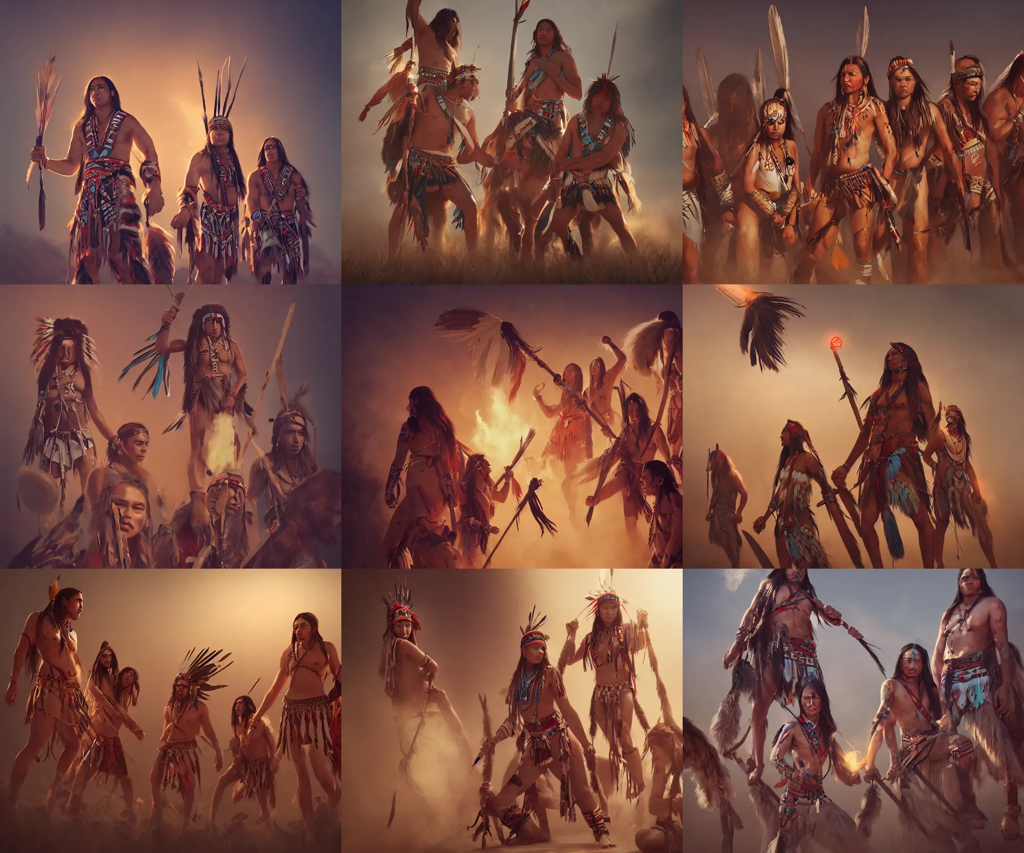 Prompt: a tribe of native american warriors, by wlop and jovana rikalo and nick silva, modern cloth, on artstation, light source from the left, cartoon style