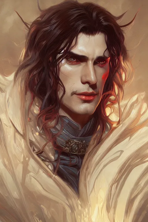 Image similar to up close portrait of alucard, d & d, face, fantasy, intricate, elegant, highly detailed, digital painting, artstation, concept art, smooth, sharp focus, illustration, art by artgerm and greg rutkowski and alphonse mucha