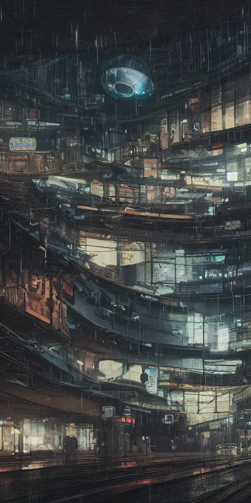 Image similar to equirectangular projection grid of a futuristic bladerunner, cyberpunk, trainstation in the rain at night, volumetric lighting, 4K, Spherical, Panorama, RealityEngine, PhotoRender, hyperdetailed, cinematic