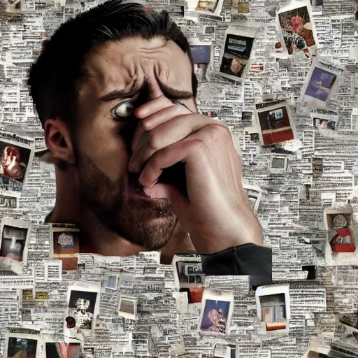 Prompt: a professional collage made of ripped magazines of a young angry man furious crying, high definition, highly detailed, photo-realistic, unreal engine render, 16k