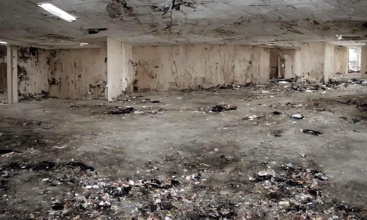 Image similar to backrooms abandoned mall, moldy walls and smoldering garbage