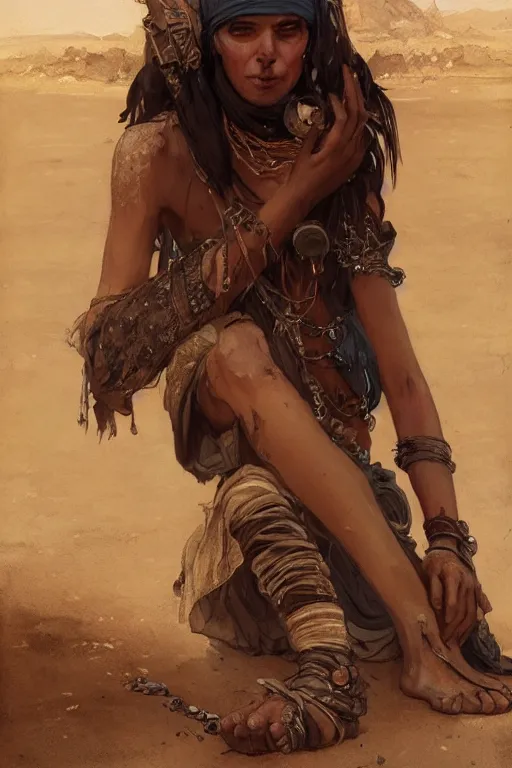 Image similar to a full body portrait of a beautiful post apocalyptic offworld desert bedouin blind barbarian leper laying by the roadside, begging, intricate, elegant, highly detailed, digital painting, artstation, concept art, smooth, sharp focus, illustration, art by krenz cushart and artem demura and alphonse mucha