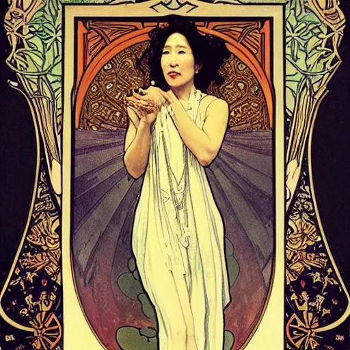 Image similar to sandra oh portrait by louis - theophile hingre and alphonse mucha, realistic, sharp focus, zodiac signs, tarot cards, planets, ethereal, art nouveau, magic, moon, sun, crown, dreamy, royal, jewellery