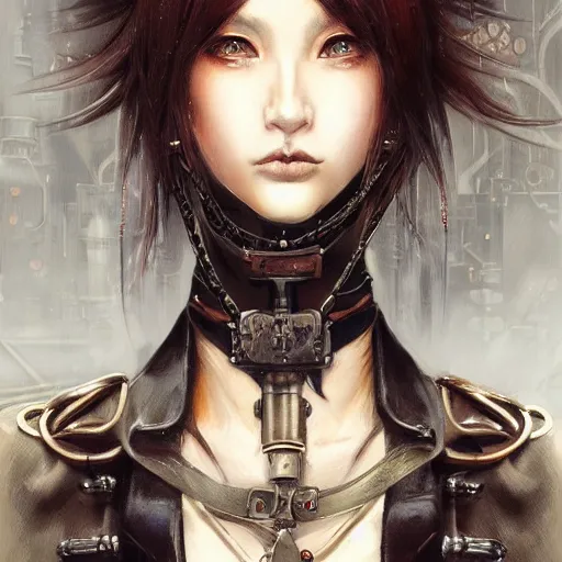 Prompt: portrait of a girl by ayami kojima, mixture between russian and japanese, she is about 2 0 years old, black bob hair, very tall and slender, she is wearing a steampunk tactical gear, highly detailed portrait, digital painting, artstation, concept art, smooth, sharp foccus ilustration, artstation hq