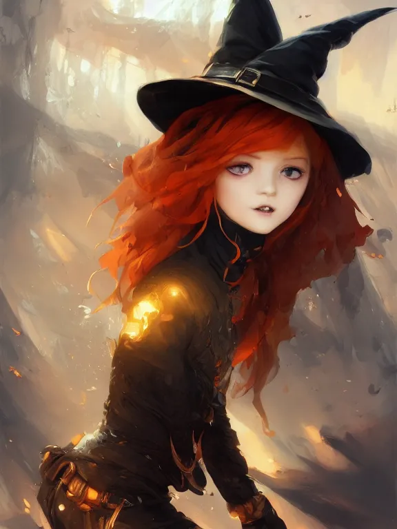 Prompt: Full shot of a cute mischievous young witch about to get up to some trouble. Black and Orange palette. By Ruan Jia and Artgerm and Range Murata and WLOP and CLAMP and Loish. Key Art. Fantasy Illustration. award winning, Artstation, intricate details, realistic, Hyperdetailed, 8k resolution.