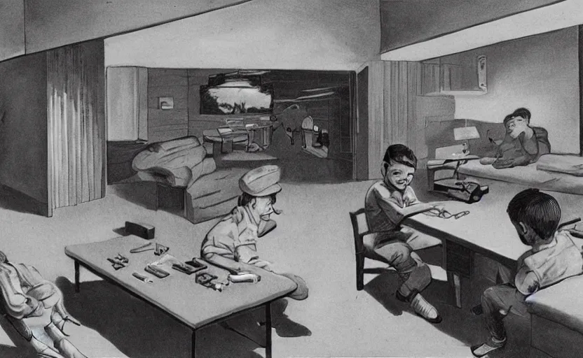 Prompt: two boys playing game at a spacious gaming room, hi - tech gaming setup, highly detailed interior, 1 9 5 0 s, art by frank lloyd wright