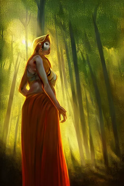 Image similar to hyperrealistic mithra as a woman standing in a forest sun behind him concept art eric zener elson peter cinematic side soft yellow light low angle hd 8k sharp shallow depth of field