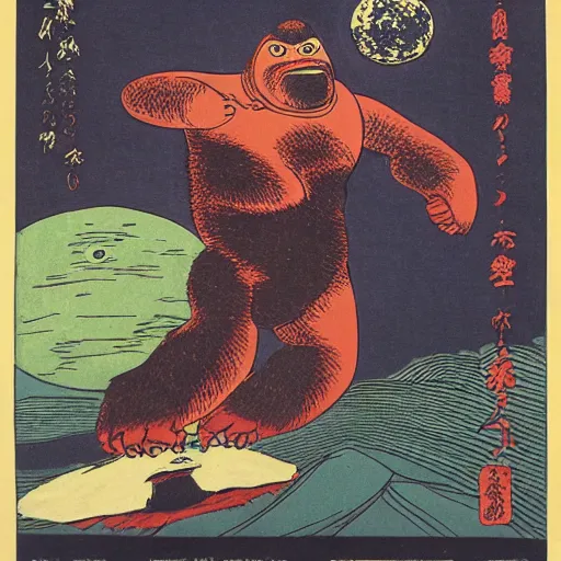 Image similar to sasquatch in space in the style of Kuniyoshi
