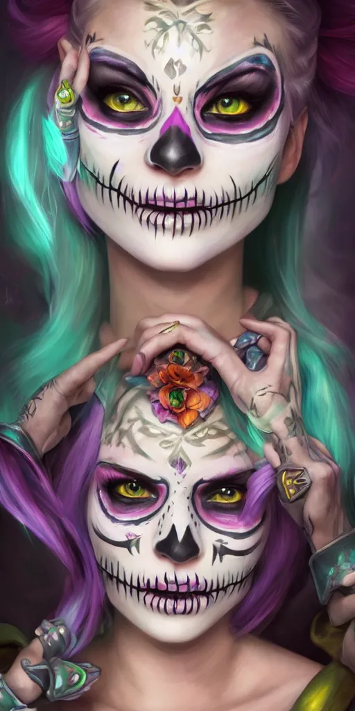 Image similar to uhd portrait photography mirror of jinx and teemo from league of legends with her face painted as in the dia de los muertos, coherent portraits, mmorpg fantasy, intricate, elegant, highly detailed, digital painting, trending on artstation, hdr photo, smooth, sharp focus, illustration, art by artgerm and greg rutkowski and alphonse mucha