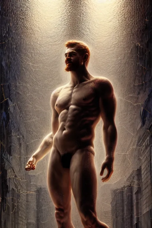 Image similar to hyperrealistic mixed media painting of zeus, full body, stunning 3 d render inspired art by p. craig russell and barry windsor - smith dim volumetric lighting, 8 k octane beautifully detailed render, post - processing, intricate, epic composition, grim yet sparkling atmosphere, cinematic lighting