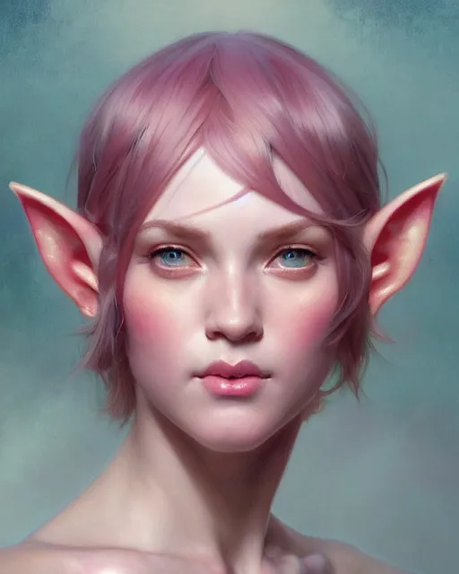 Image similar to portrait of pink layered bob half elf, intricate, elegant, highly detailed, digital painting, artstation, concept art, smooth, sharp focus, illustration, art by artgerm and greg rutkowski and alphonse mucha and uang guangjian and gil elvgren and sachin teng and wlop, symmetry