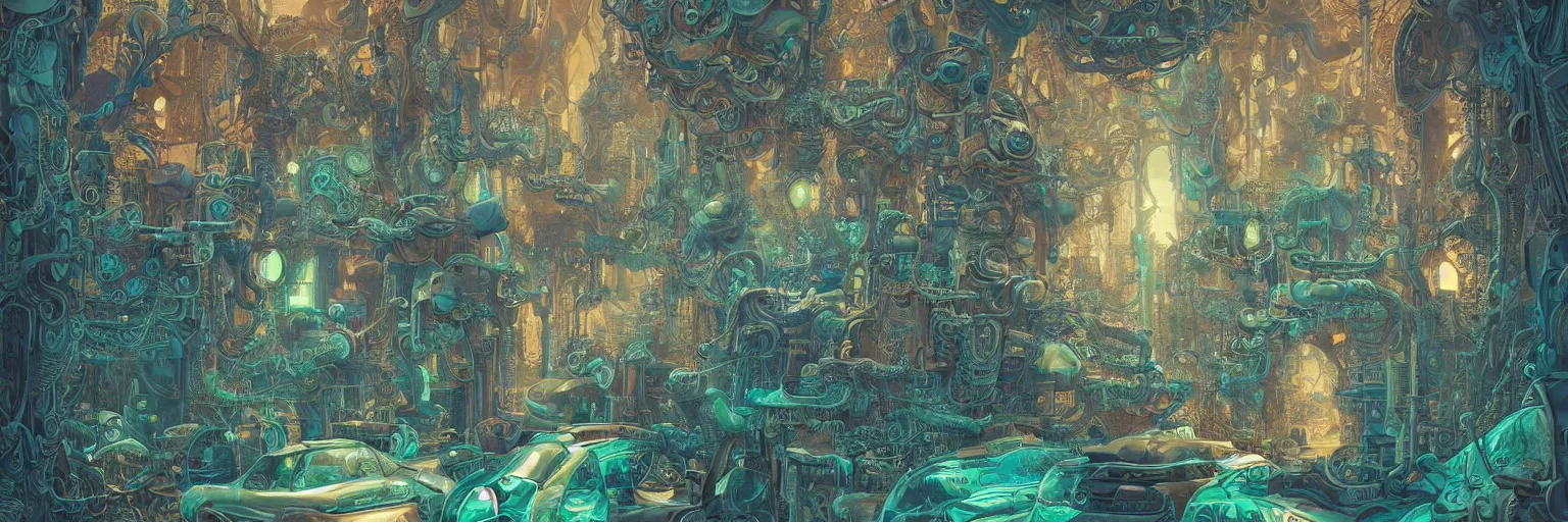 Image similar to Marc Simonetti, Tomer Hanuka, smooth polished metal with detailed line work, Mandelbulb flowers and trees, Exquisite detail, blue neon details, green neon details, white neon details, hyper detailed, intricate illustration, golden ratio, steampunk, mist, neon lights, steampunk desert background, by Tomer Hanuka