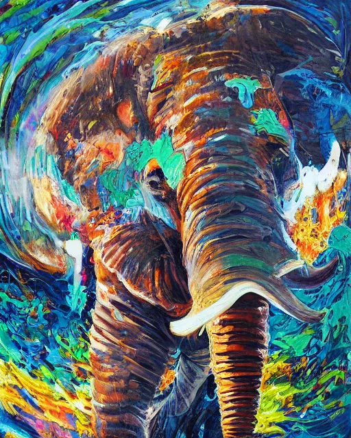 Prompt: hyperrealistic ultra detailed surrealist colorful acrylic pour painting of an elephant by moksha marquardt, rhads, trending on artstation, chillwave, psycedelic, metaphysical, mystical, sense of awe