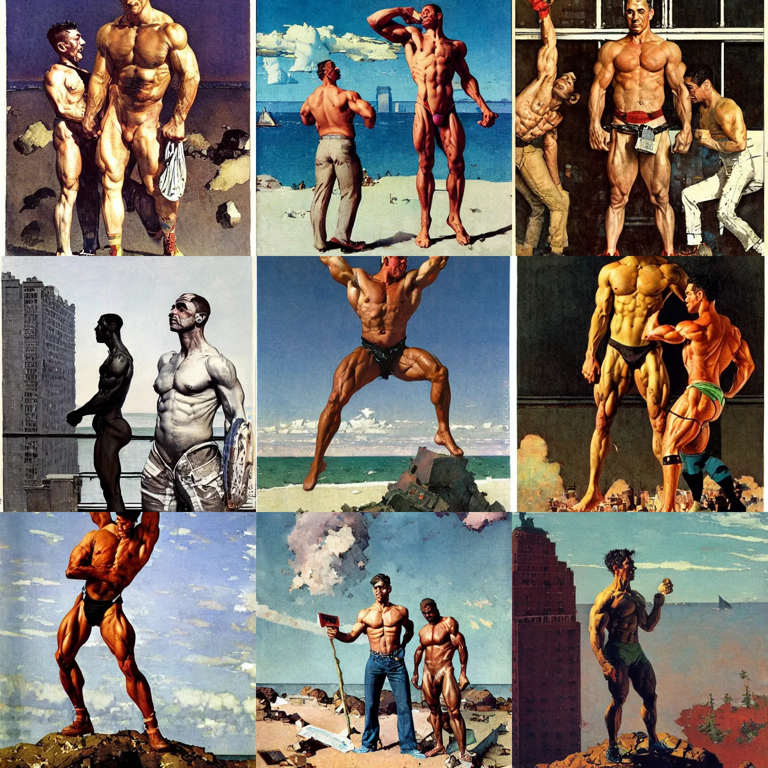 Prompt: portrait Luigis with shredded physique stands atop a skyscraper norman rockwell brad rigney winslow homer greg rutkowski