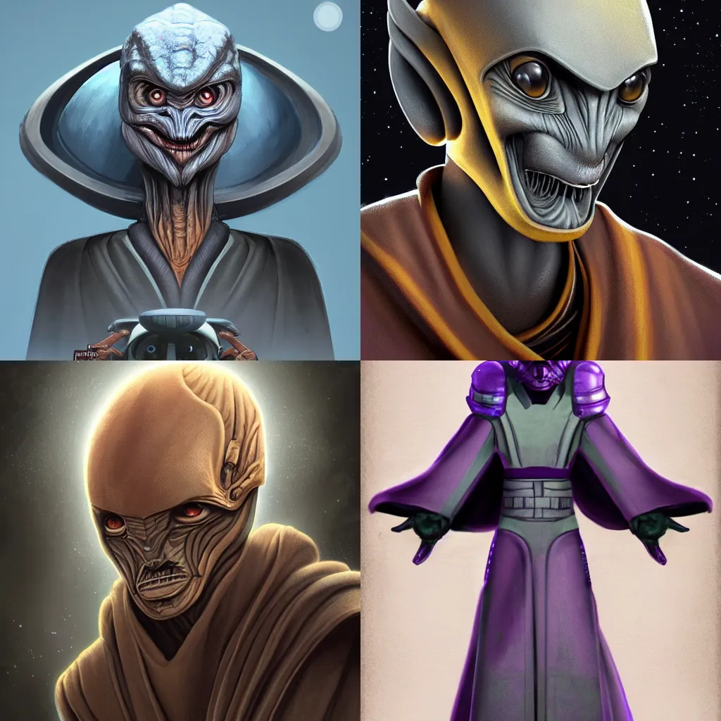 Prompt: concept art for a new star wars alien character wearing robes, detailed portrait, digital art