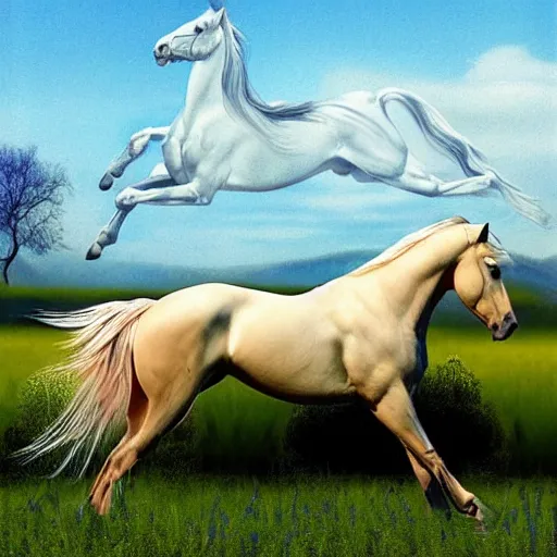 Prompt: A beautiful assemblage of a horse. The horse is shown running through a field with a flowing mane and tail. The background is a peaceful blue sky. avant-garde by Matti Suuronen, by Clyde Caldwell threatening