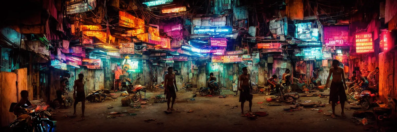 Prompt: Cyberpunk Slums Mafia gangs , futuristic Phnom-Penh Cambodia, neon dark lighting