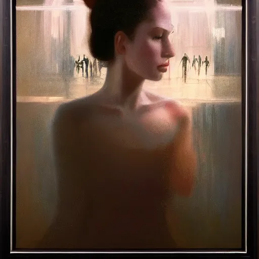 Image similar to detailed face of a woman, clockwork, moment, tectonic sky, skydome, bullet train, turbines, utopian, tech noir, wet reflections, prism, atmospheric, ambient, nick alm, casey baugh, pj crook, syd mead, livia prima, edward hopper