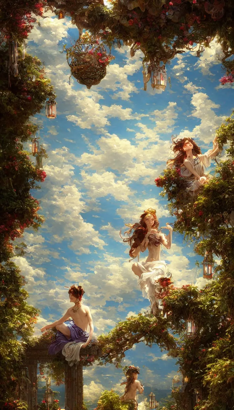 Image similar to wind deity enjoying the view from his stone heavenly palace, decorated with windchimes and paper lanterns, stunning nature and clouds in background, digital art, stanley artgerm lau, greg rutkowski, thomas kindkade, alphonse mucha, loish, norman rockwel