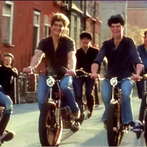 Image similar to photorealistic screenshot from a golden earring - going to the run clip ed's got the looks of a moviestar eds got the smile of a prince he ride a bike instead of a car i wanna be his friend