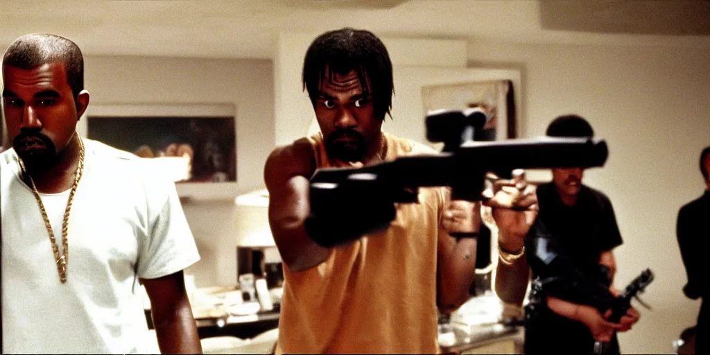 Image similar to Kanye West as Jules Winnfield in 'Pulp Fiction' (1994), movie still frame