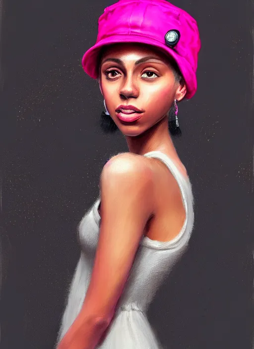 Image similar to portrait of teenage vanessa morgan with bright pink hair, black girl, vanessa morgan, curly pixie cut hair, wearing newsboy cap, newsboy cap, hoop earrings, intricate, elegant, glowing lights, highly detailed, digital painting, artstation, concept art, smooth, sharp focus, illustration, art by wlop, mars ravelo and greg rutkowski