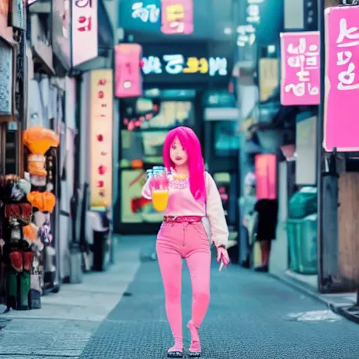 Image similar to korean anime girl with pink hair walking in seoul, drinking boba drink at night