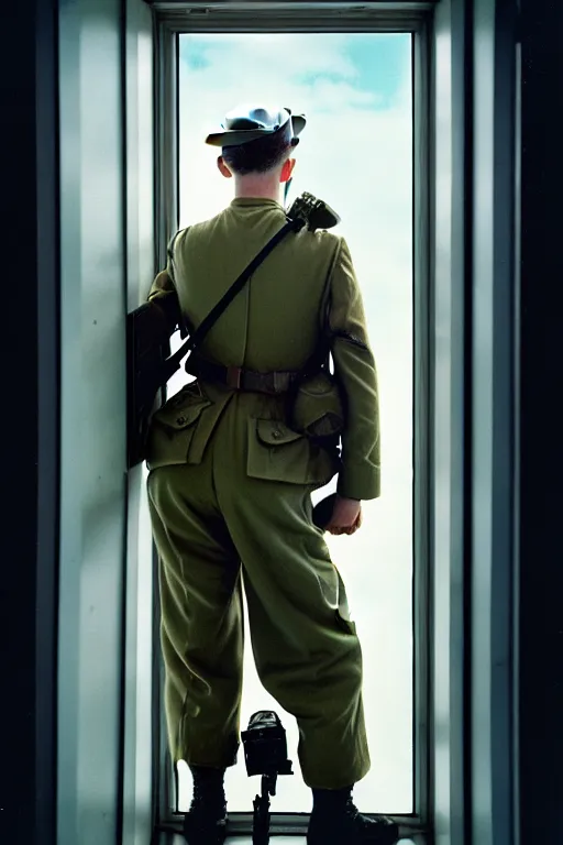 Image similar to kodak portra 5 0 mm f 4 full body portrait photography of a wwii airborne infantry soldier who's a mix of gillian anderson and adam driver, looking exhausted, setting is inside a sci fi megastructure tower looking out a window, photo by erwin olaf