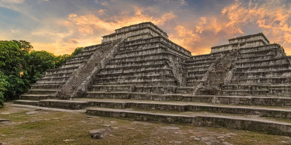 Prompt: a photo of an ancient maya temple, masterpiece, very detailed, 8k hdr, golden hour