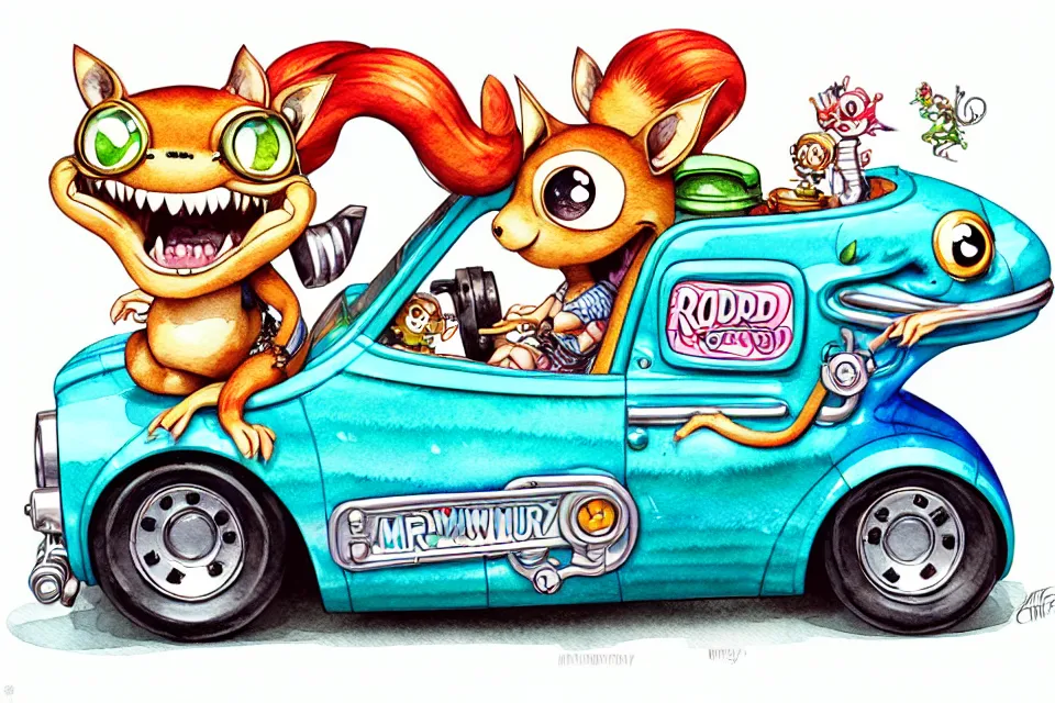 Image similar to cute and funny, margay riding in a tiny hot rod with oversized engine, ratfink style by ed roth, centered award winning watercolor pen illustration, isometric illustration by chihiro iwasaki, edited by range murata, tiny details by artgerm and watercolor girl, symmetrically isometrically centered