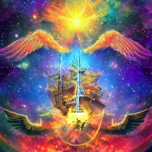Image similar to ANGELS ON EARTH, angels coming down to earth to save life from corruption and evil, green pirate ship with yellow neon angels, cosmic nebula clouds