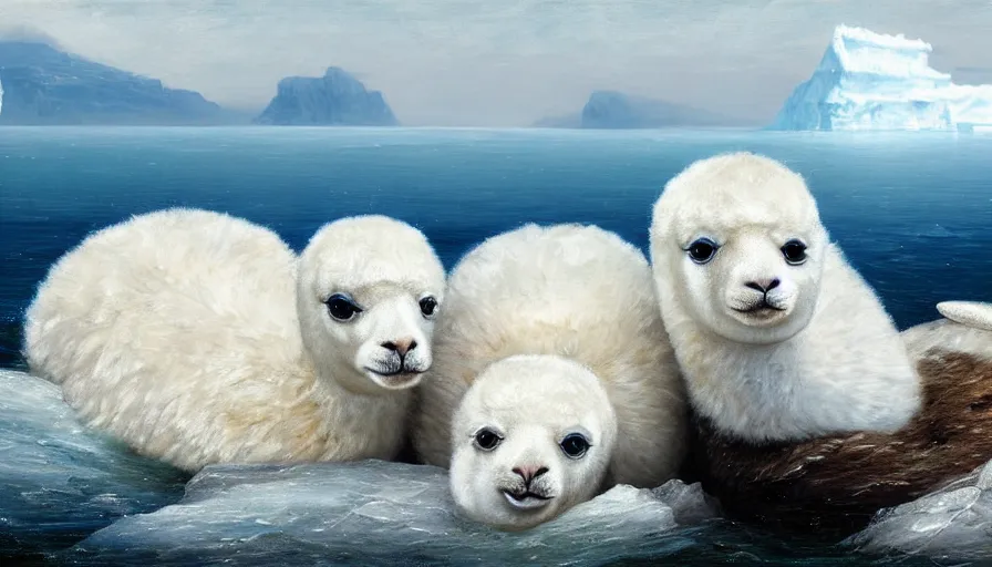 Prompt: highly detailed painting of cute furry white baby seal alpacas with big furry antlers cuddling into each other on a blue and white iceberg by william turner, by greg rutkowski, by william constable, thick brush strokes and visible paint layers, 4 k resolution