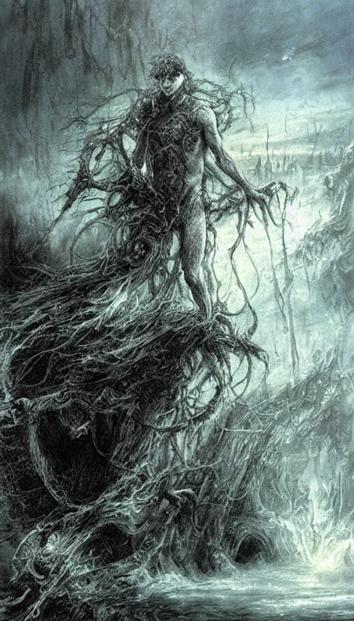 Prompt: man on boat crossing a body of water in hell with creatures in the water, sea of souls, by luis royo,