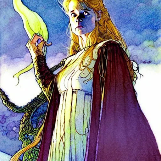 Image similar to a beautiful portrait of sanna!!!!! marin!!!!!, the young female prime minister of finland as a druidic wizard by alan lee, rebecca guay, michael kaluta, charles vess and jean moebius giraud