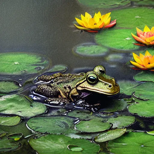 Prompt: dark clouds, close - up of a scared!!! frog in the pond with water lilies, shallow depth of field, highly detailed, autumn, rain, bad weather, ominous, digital art, masterpiece, matte painting, sharp focus, matte painting, by isaac levitan, asher brown durand,