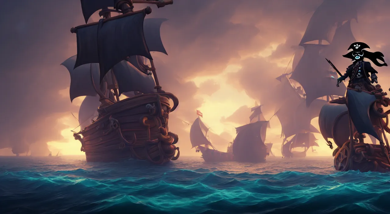 Image similar to a wide shot of a stylized 3D CGI game art pirate standing on the front of the ghost ship with the black Jolly Roger flag, the ghost ship is in the middle of the ocean, volumetric lighting, fantasy art overwatch and heartstone, by RHADS, cgsociety, matte painting, artstation hq, octane render, 8k,